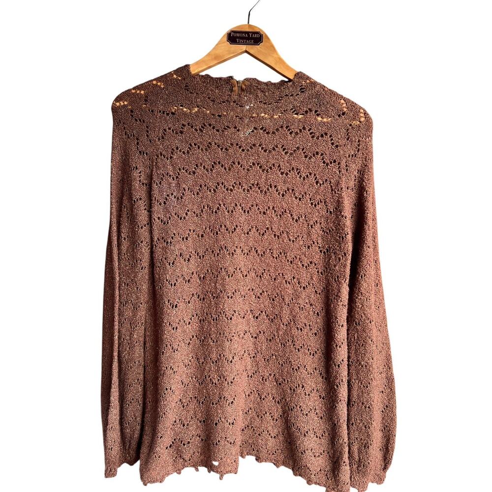 VTG St. John Open Crochet Knit Brown Sweater LARGE 70's Lightweight Boho Zip up